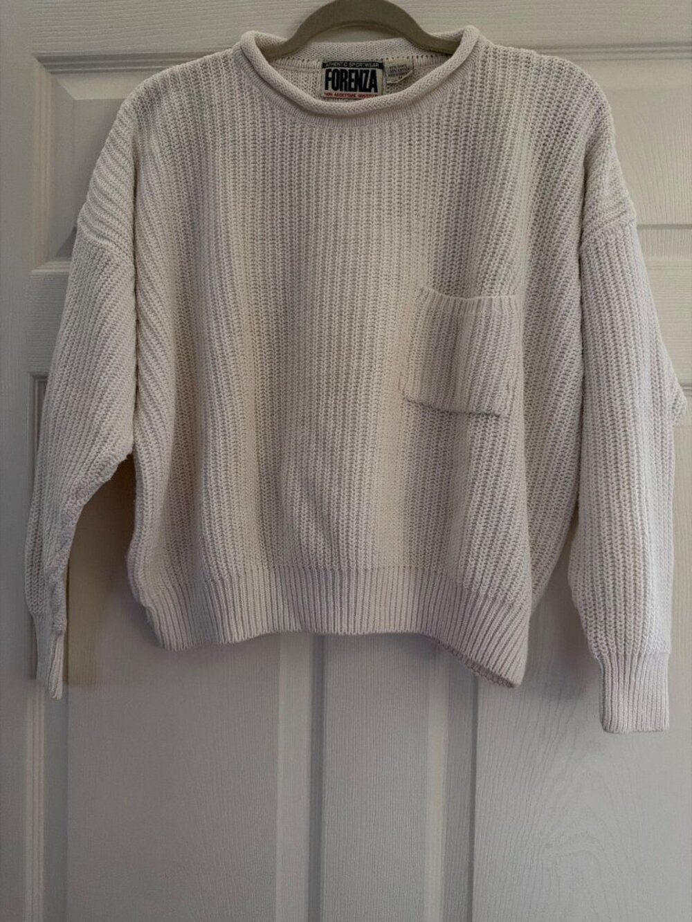 Forenza Womens White Knit Sweater With Front Pocket Medium Ramie Cotton Blend Ma